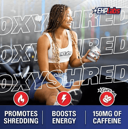 EHP Labs OxyShred Juicy Watermelon fat burner promoting energy and fat loss, featuring woman enjoying product.