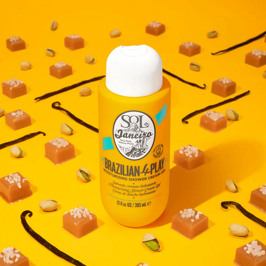 Sol de Janeiro Brazilian 4 Play Moisturizing Shower Cream-Gel with tropical ingredients on a bright yellow background.