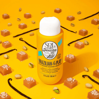 Sol de Janeiro Brazilian 4 Play Moisturizing Shower Cream-Gel with tropical ingredients on a bright yellow background.