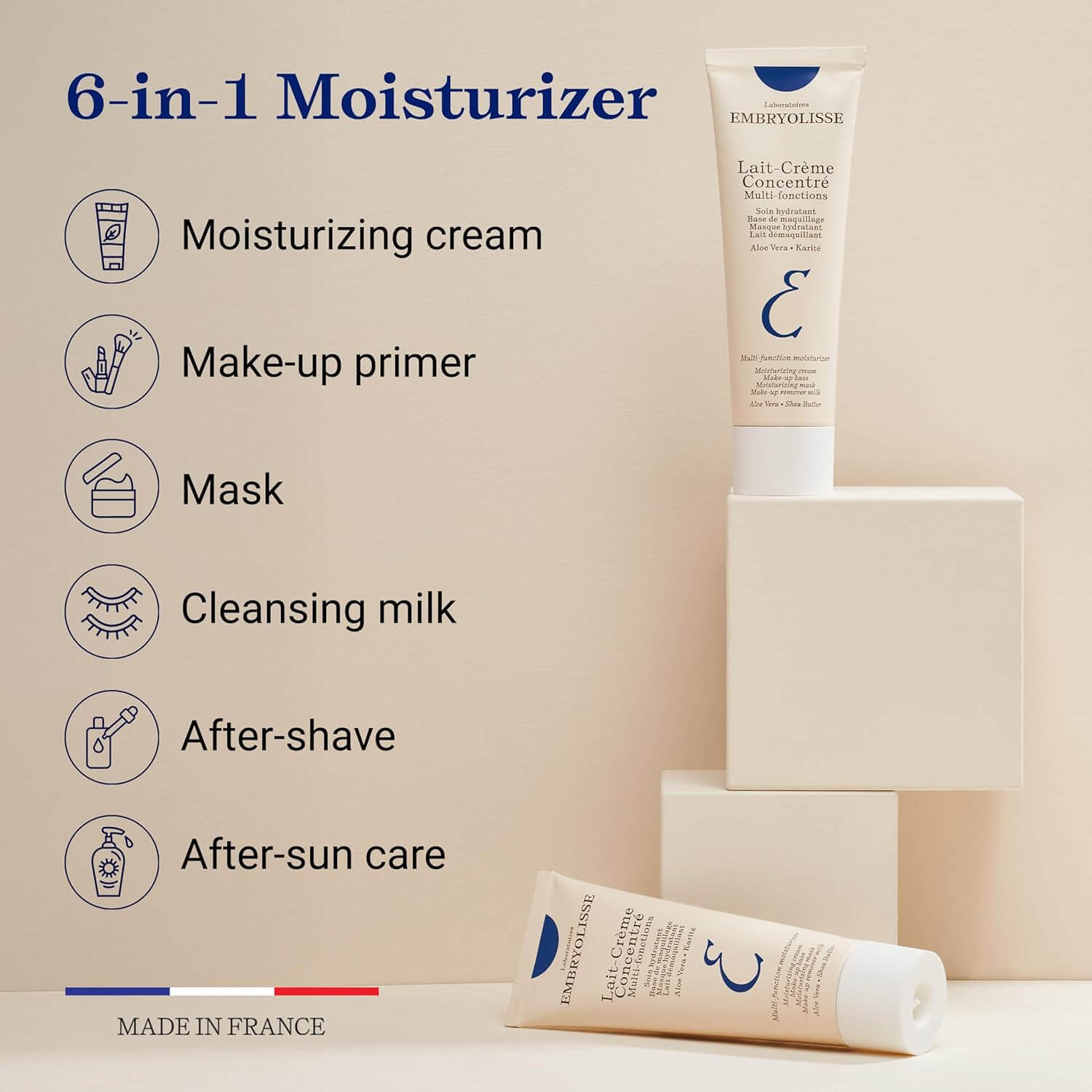 Two tubes of Embryolisse  moisturizer with product features listed on a beige background