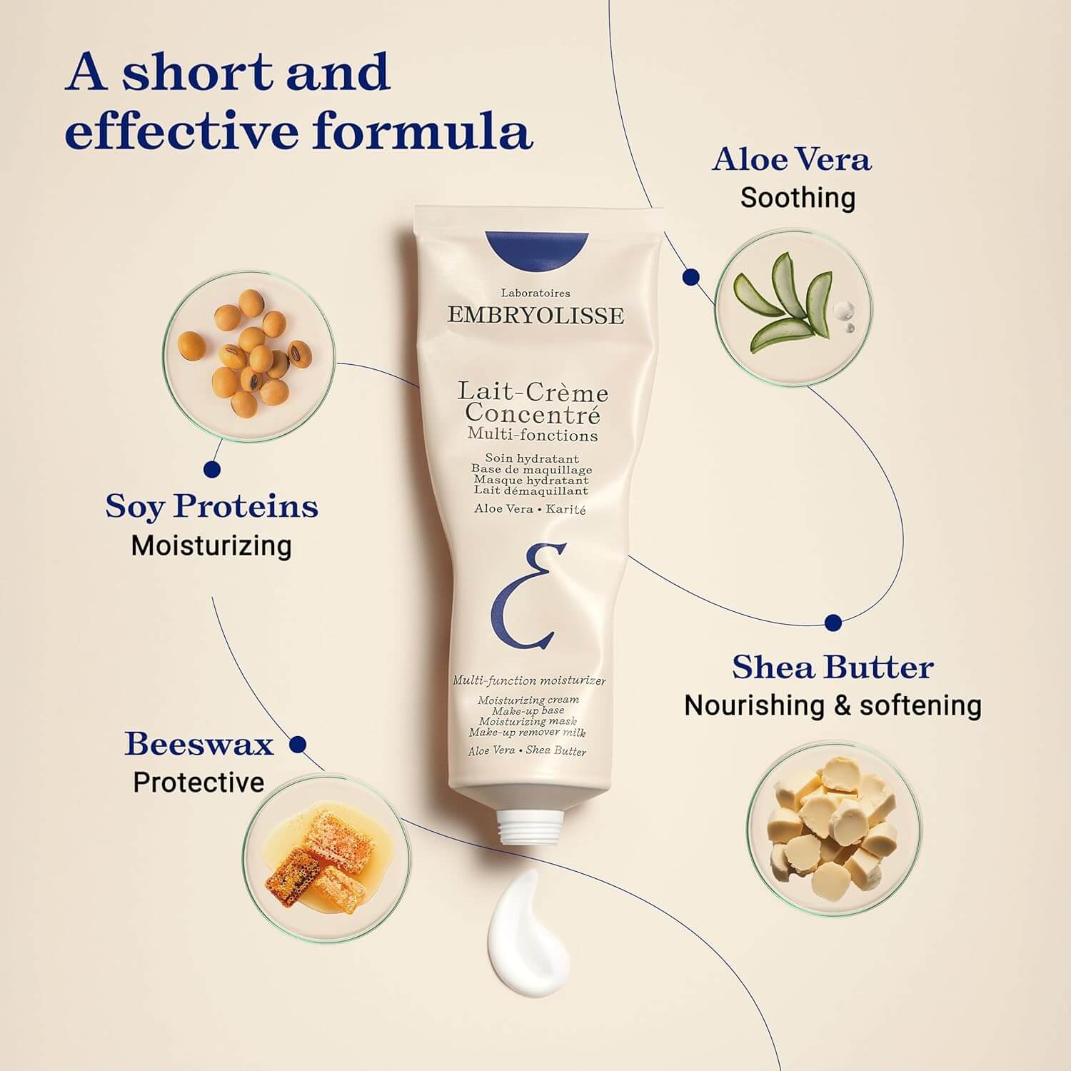 Embryolisse lotion bottle with ingredients labeled on a beige background
