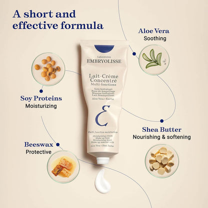 Embryolisse lotion bottle with ingredients labeled on a beige background