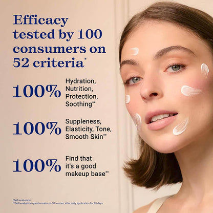 Woman with Embryolisse skincare product application on face, efficacy claims text on beige background
