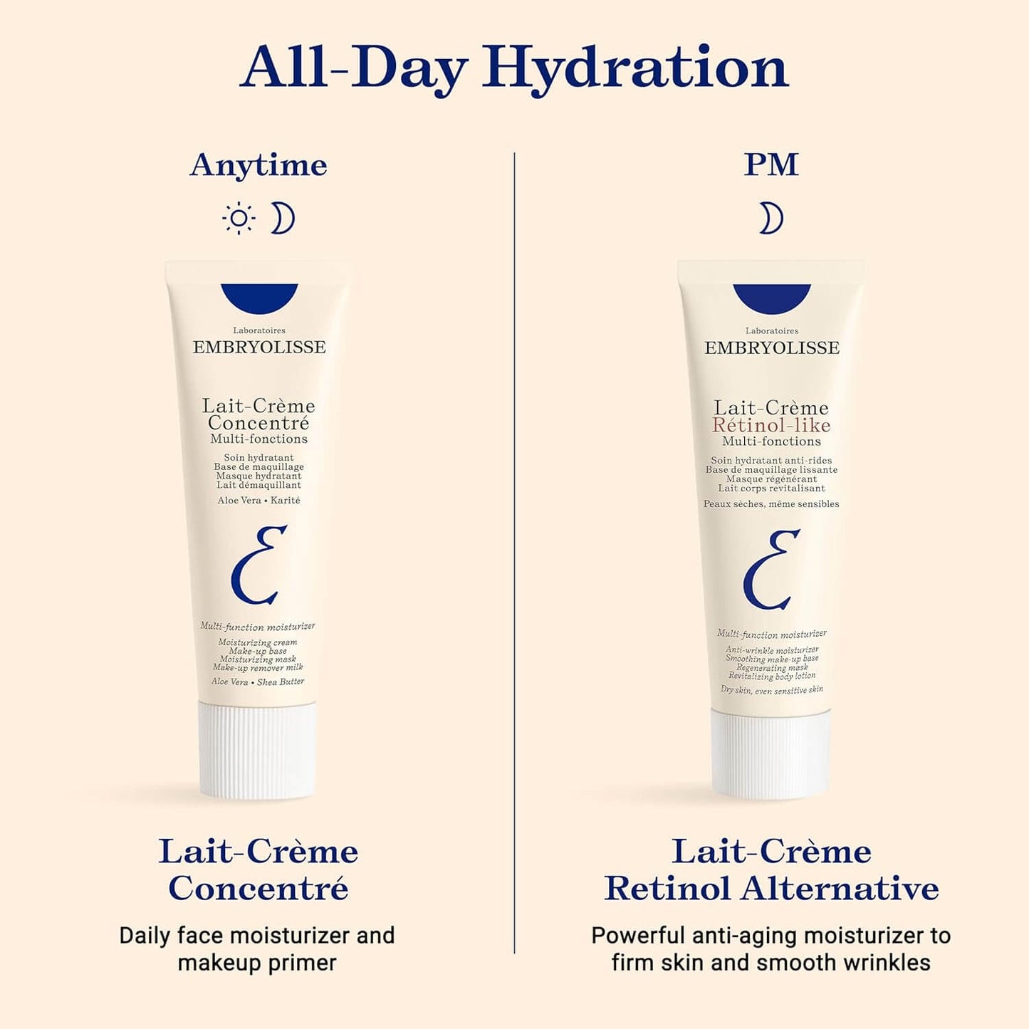 Two tubes of Embryolisse lotion with text indicating 'All-Day Hydration' and usage times.