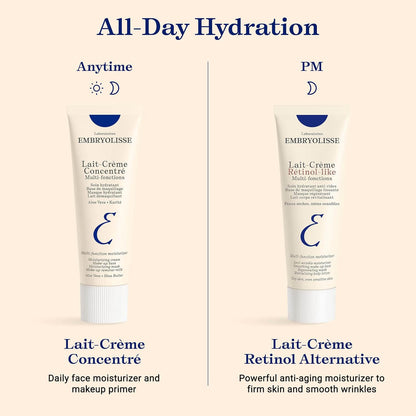 Two tubes of Embryolisse lotion with text indicating 'All-Day Hydration' and usage times.