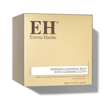 Box of Emma Hardie Moringa Cleansing Balm with cleansing cloth on a white background