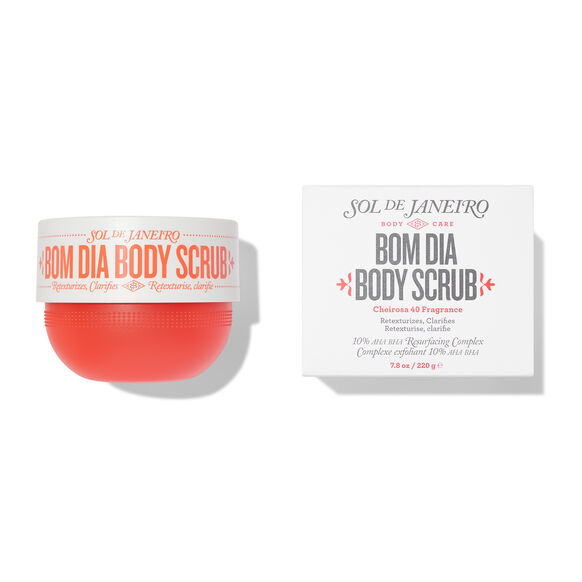 Sol de Janeiro Bom Dia Body Scrub 220g packaging and product for luxurious exfoliation and brighter skin.