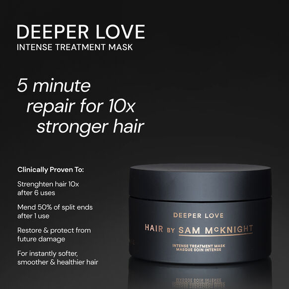 Deeper Love intense treatment mask jar with promotional text on a black background