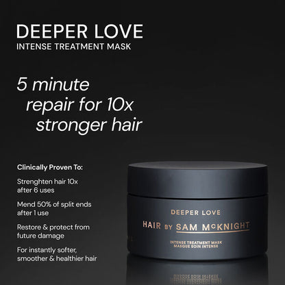 Deeper Love intense treatment mask jar with promotional text on a black background