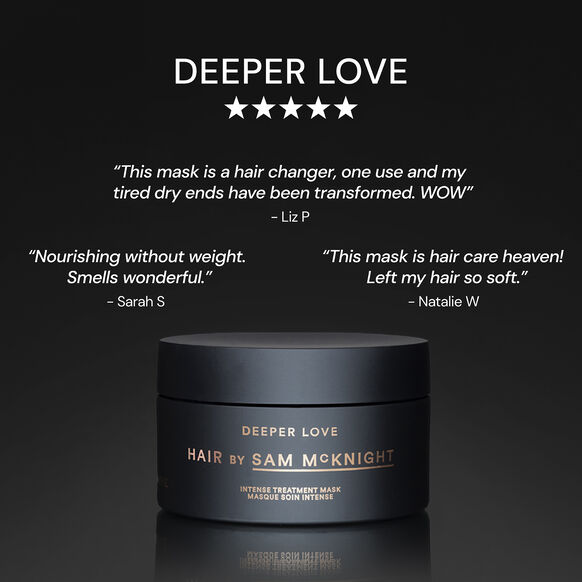 Black hair mask jar with customer reviews on a dark background