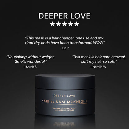 Black hair mask jar with customer reviews on a dark background