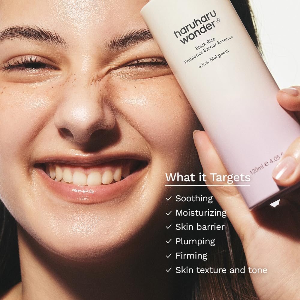 Woman applying skincare product to face with 'haruharu wonder' bottle, showing product features.