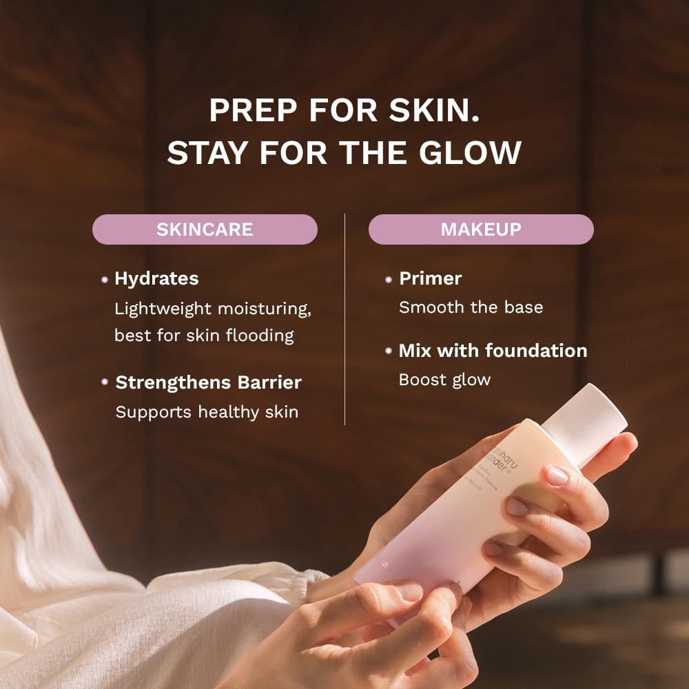 Product packaging with text on skincare and makeup benefits against a blurred background