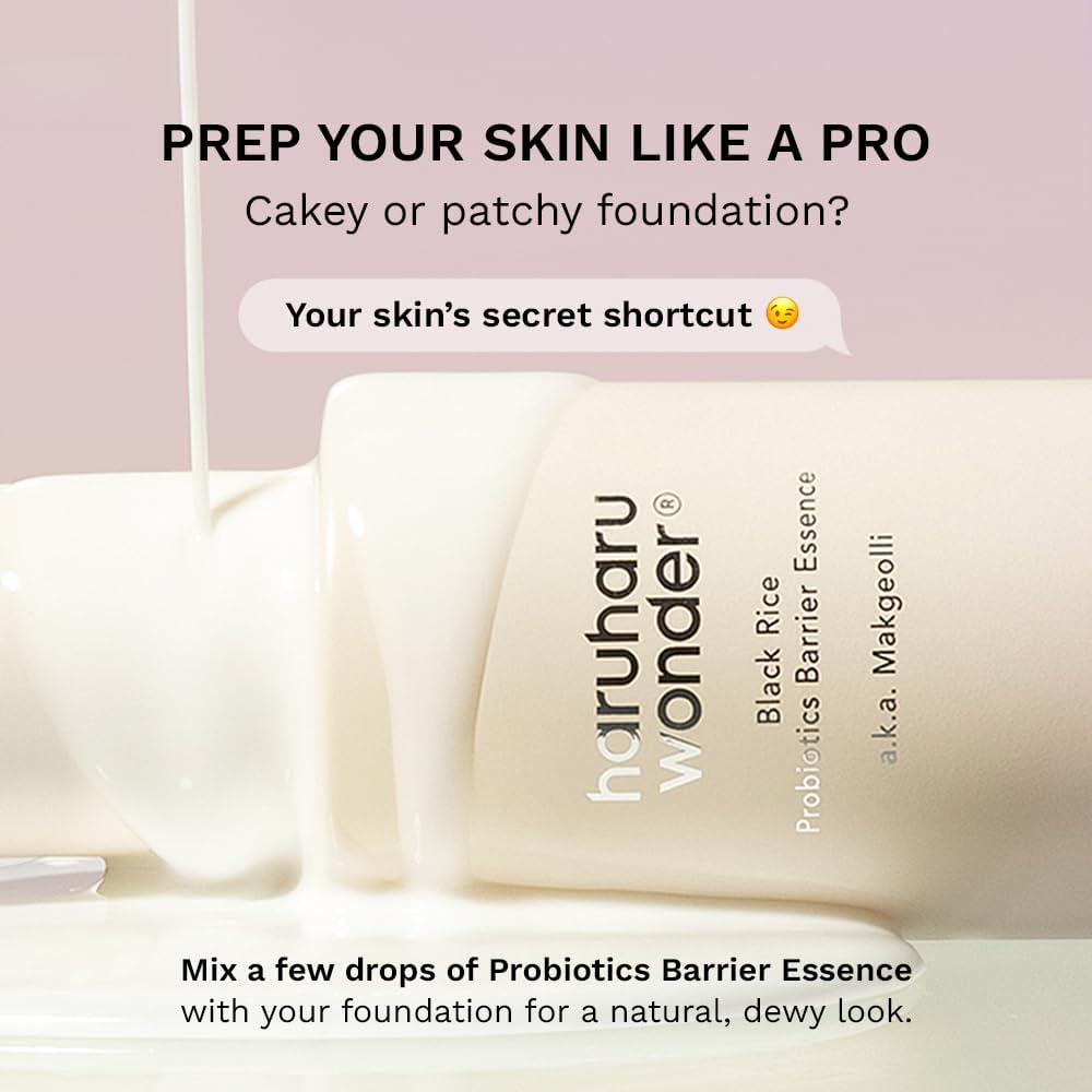 Probiotics Barrier Essence bottle with text on a pink background