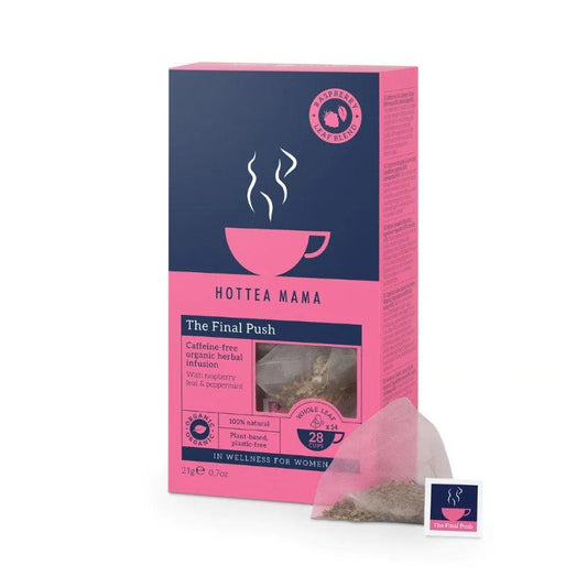 Organic The Final Push Raspberry Leaf Tea box with a tea bag, promoting wellness and natural childbirth.