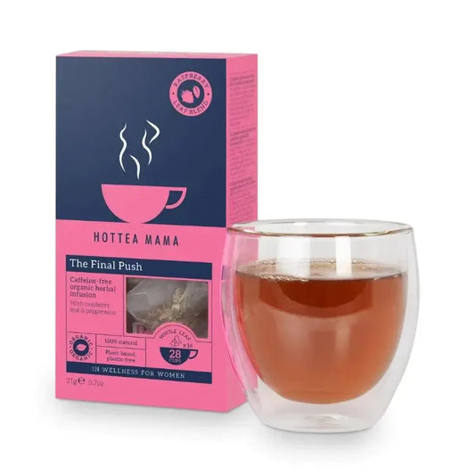 Organic The Final Push Raspberry Leaf tea packaging and brewed tea in a glass to support women's wellness.