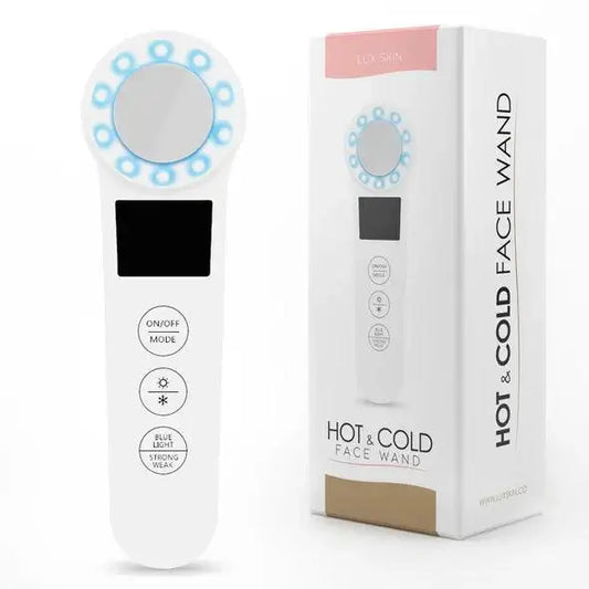 LUX SKIN Hot & Cold Face Wand with LED therapy, showing control buttons and packaging design.