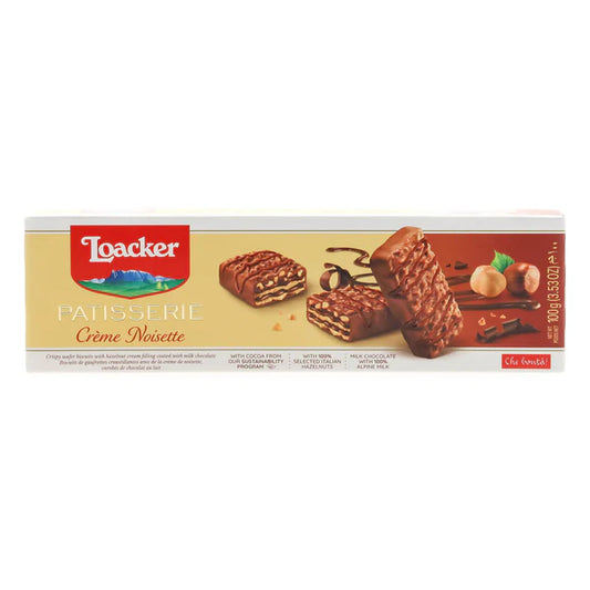 Loacker Patisserie Crème Noisette Wafer 100g packaging with hazelnut and chocolate treats displayed.