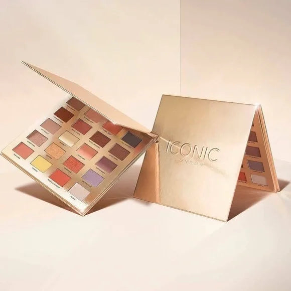 Makeup palette with 'Iconic' branding on a light background
