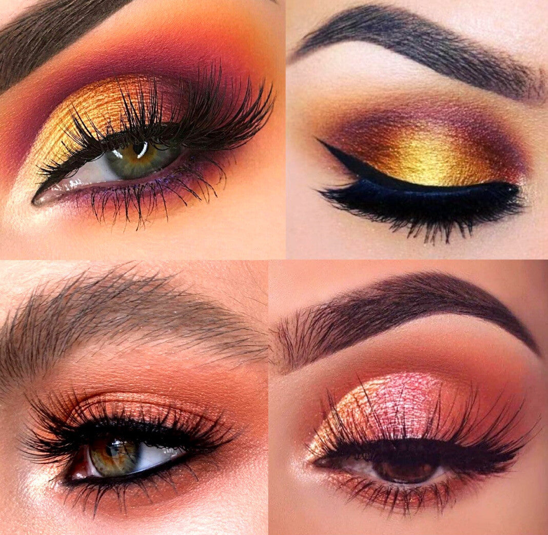 Close-up of eye makeup with orange, yellow, and pink shades on a person's eyelids.