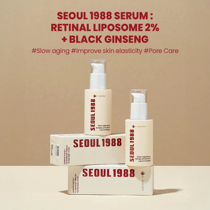 SEOUL 1988 skincare serum and packaging on a beige background