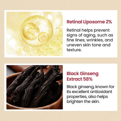 Product ingredients with retinal liposome and black ginseng extract on a beige background