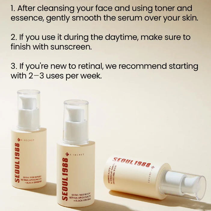 Three skincare serum bottles with text on a beige background
