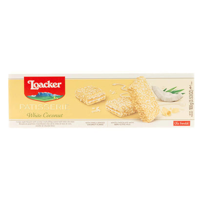 Loacker Patisserie White Coconut 100g packaging featuring white chocolate and coconut treats.