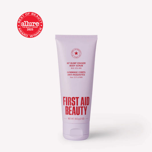 First Aid Beauty body scrub with Allure Award Winner badge on a white background