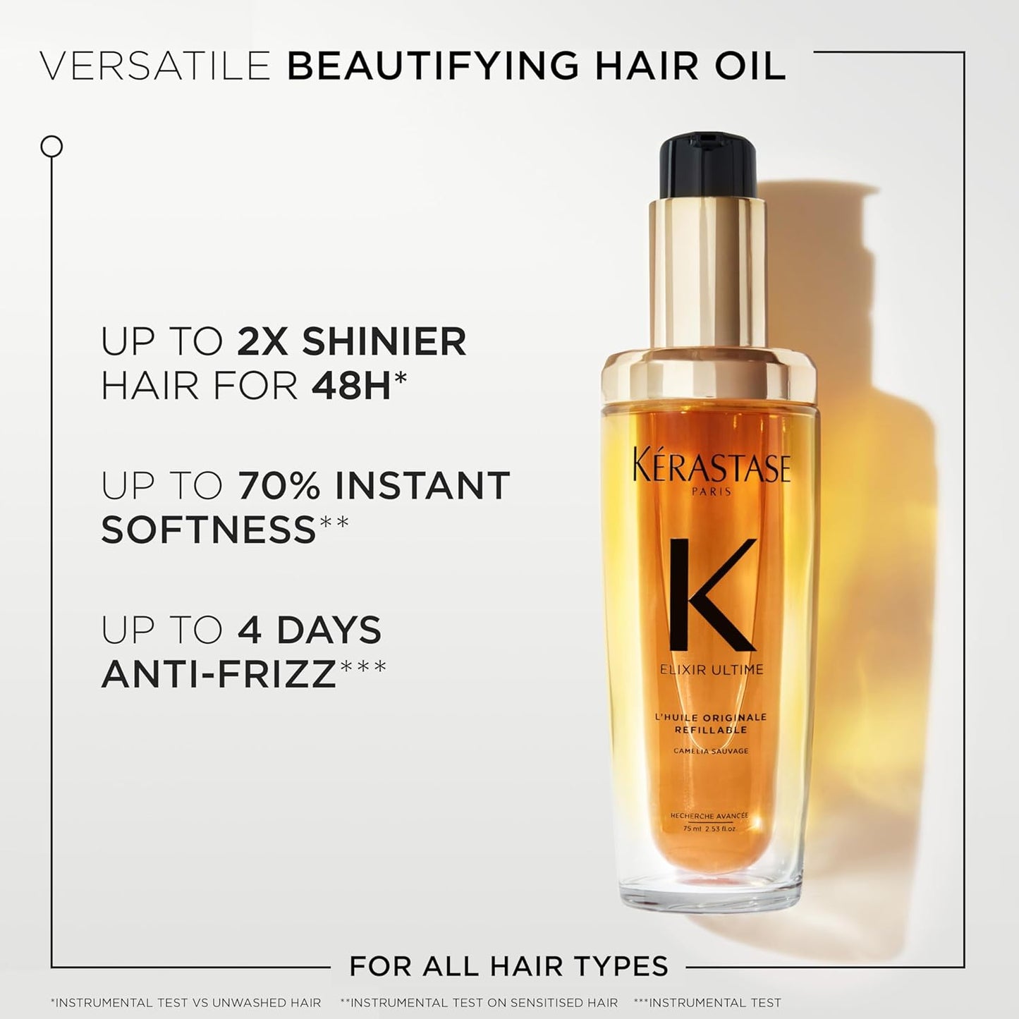 Kérastase hair oil bottle with product benefits text on a white background
