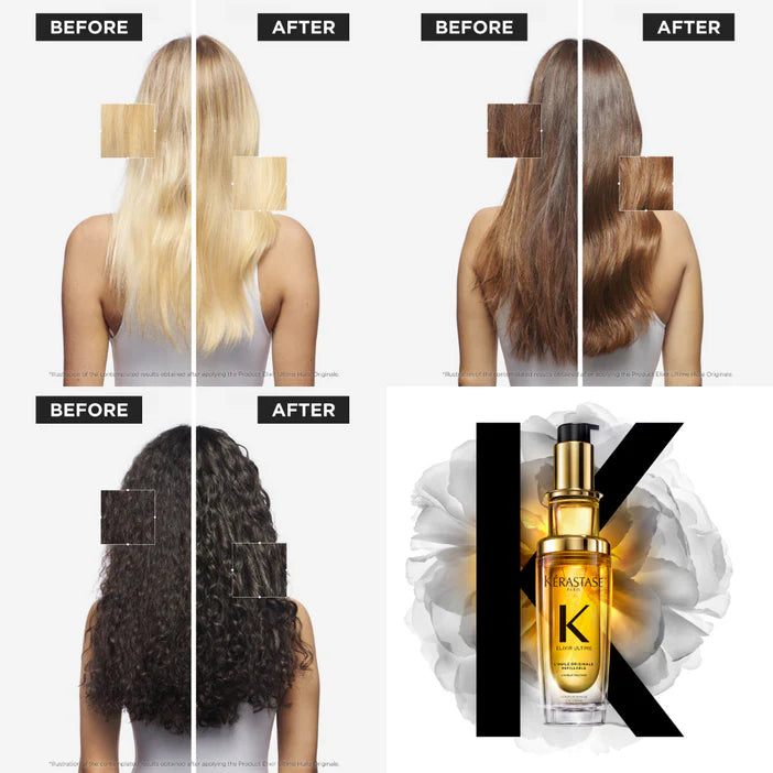 Kérastase Before and after hair transformation images with Kerastase product display.