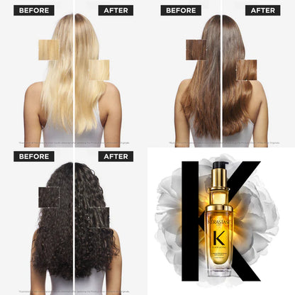 Kérastase Before and after hair transformation images with Kerastase product display.