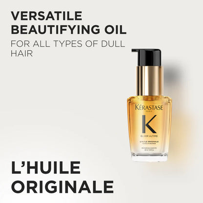 Kérastase hair oil bottle with text on a light background