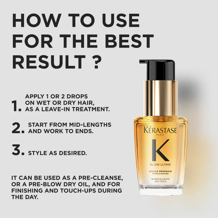 Kérastase Elixir Ultime bottle with usage instructions on a light gray background