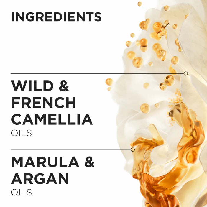 Kérastase Product ingredients list with visual of oils and flowers on a white background