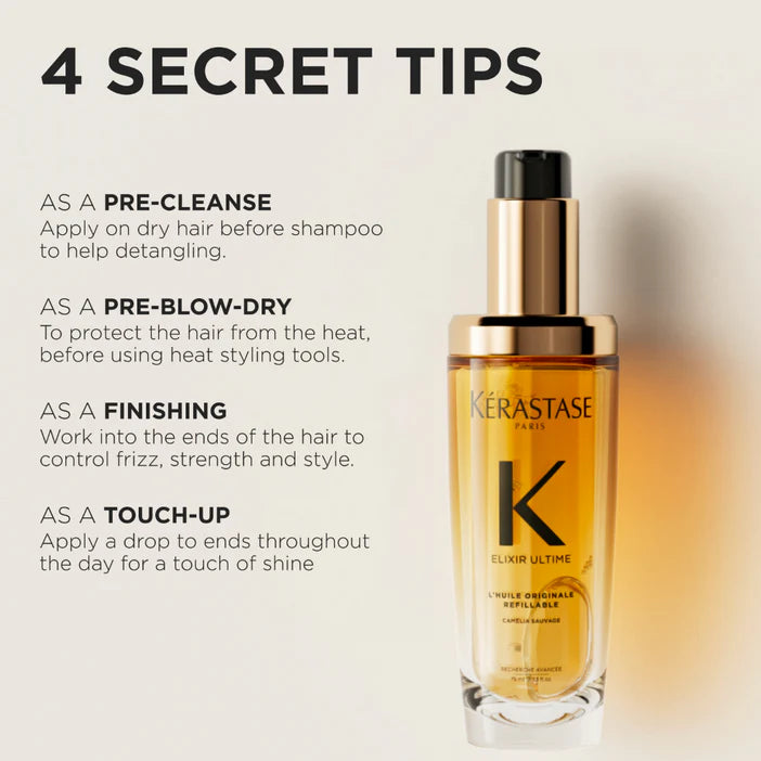 Kérastase Elixir Ultime bottle with usage tips on a white background