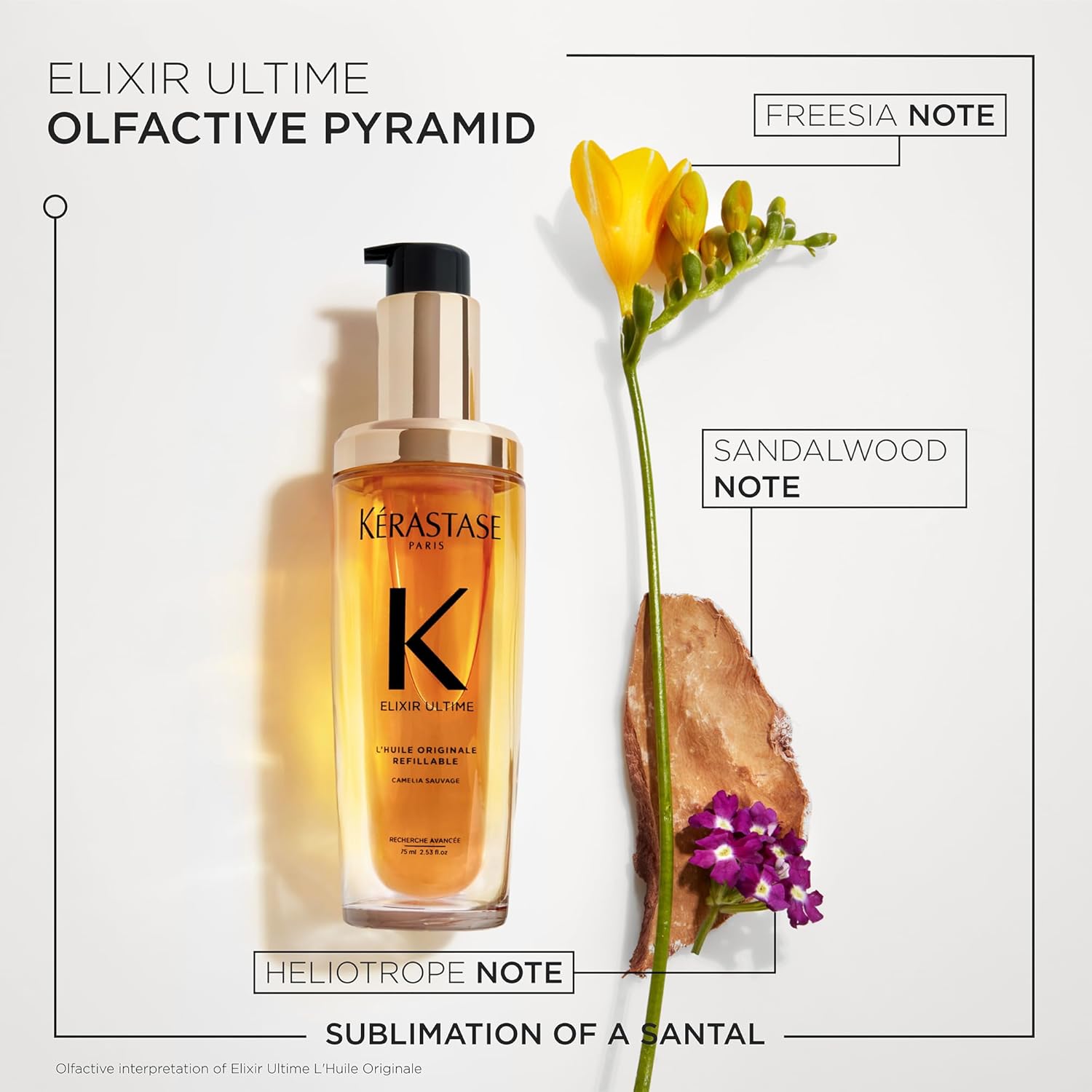 Kérastase Elixir Ultime bottle with floral elements on a white background