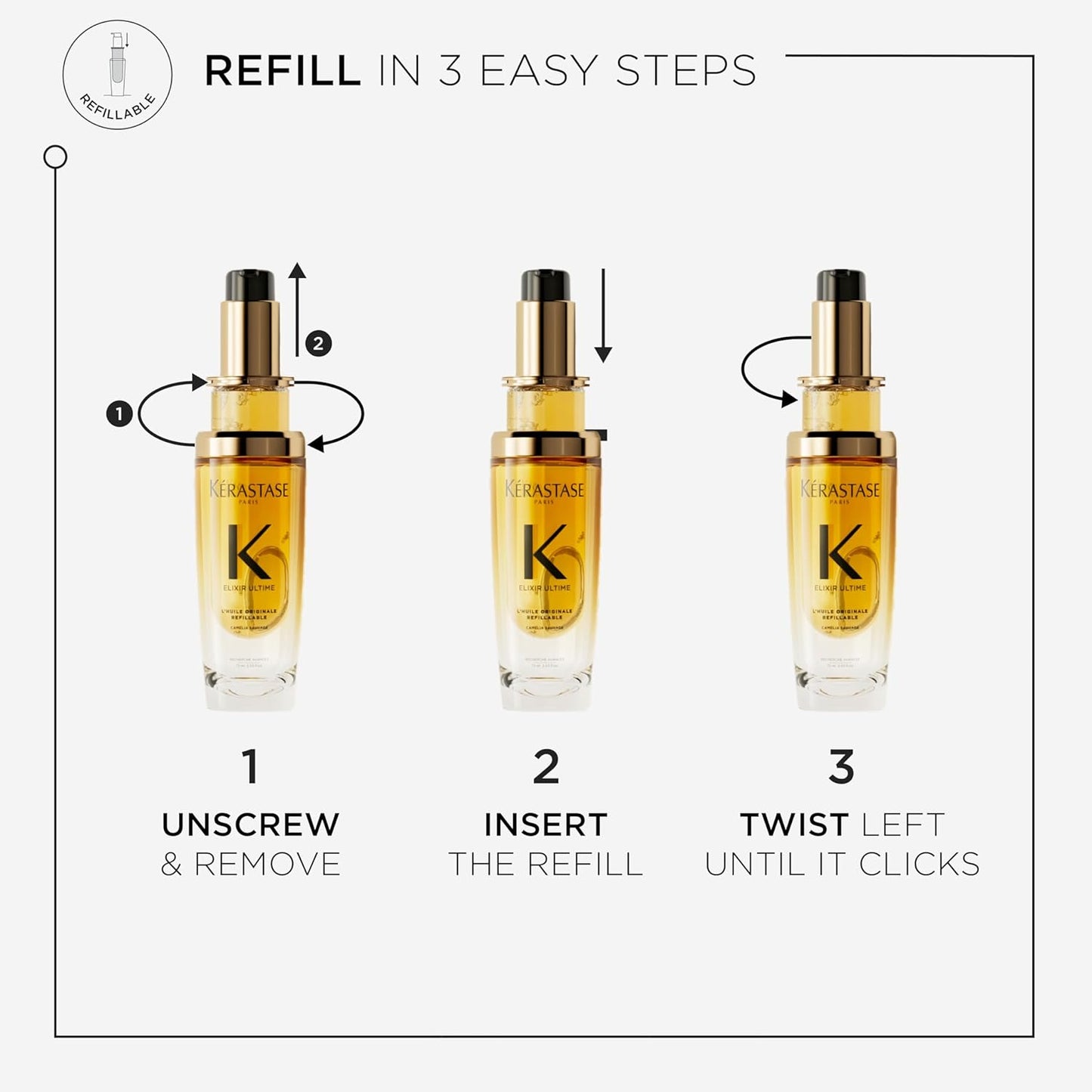Kérastase Instructions for refilling a cosmetic bottle with a dropper labeled 'K' on a white background.