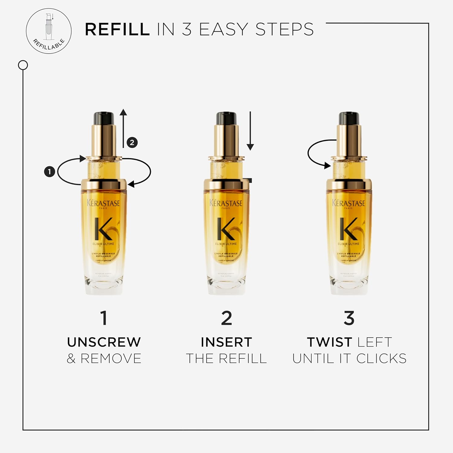 Kérastase Instructions for refilling a cosmetic bottle with a dropper labeled 'K' on a white background.