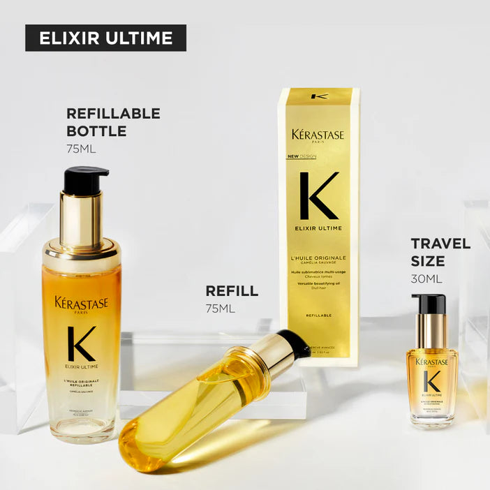 Kérastase Elixir Ultime hair care products including a refillable bottle, travel size, and packaging on a light background.