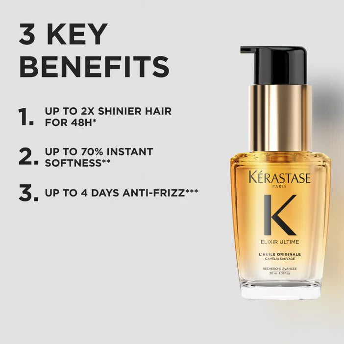 Kérastase hair care product with key benefits listed on a light gray background