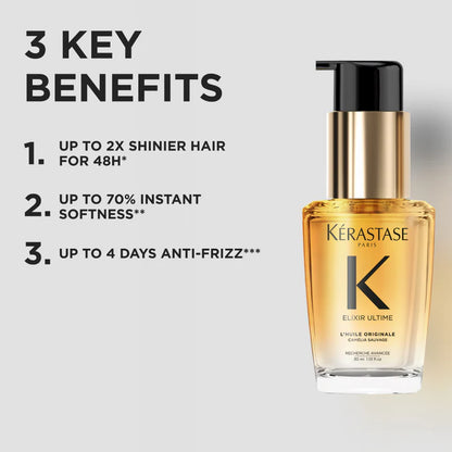 Kérastase hair care product with key benefits listed on a light gray background