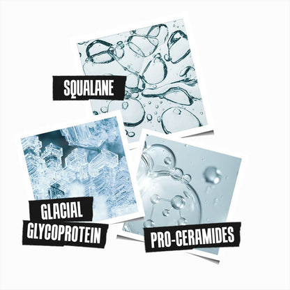 Collage of Kiehl's images with text labels for Squalane, Glacial Glycoprotein, and Pro-Ceramides on a white background.