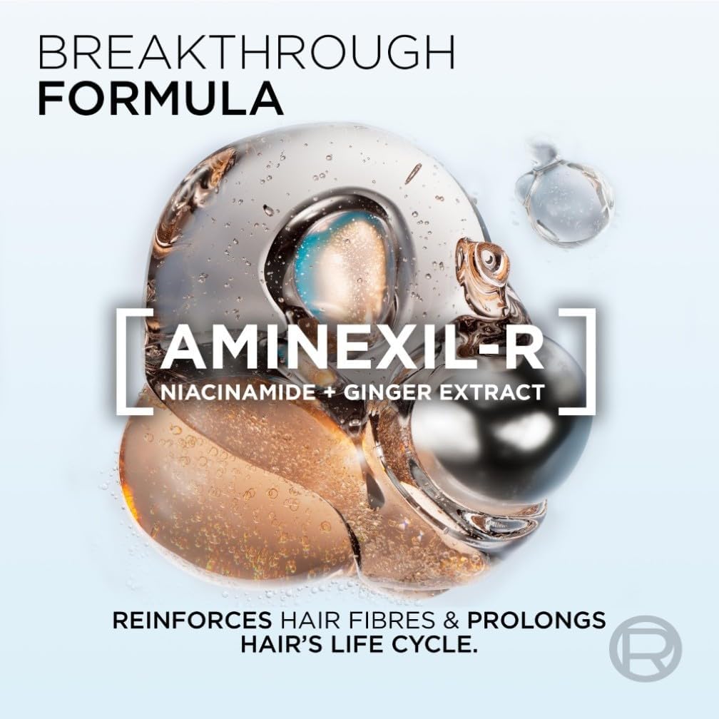Aminexil-R hair supplement packaging with text about its formula and benefits on a light background.