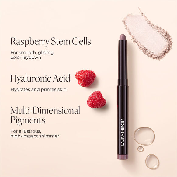 Model wearing Laura Mercier Caviar Stick Eye Colour in Rose Gold, demonstrating a shimmery, wearable eye look.