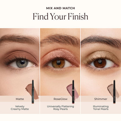 Laura Mercier Caviar Stick Eye Colour Rose Gold applied to the lid, showing blendable rose gold shimmer finish.