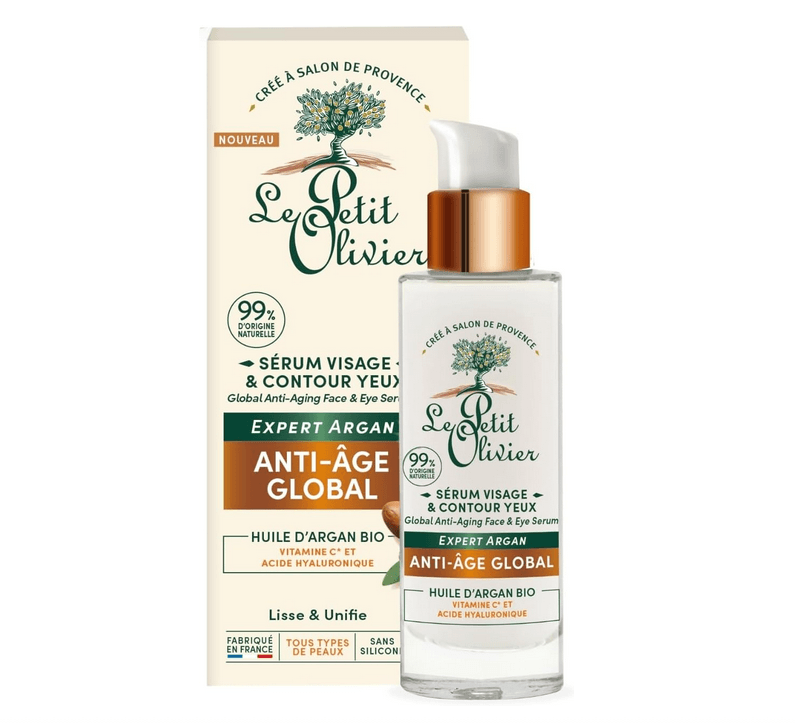Le Petit Olivier global anti-aging face and eye serum with packaging on a white background