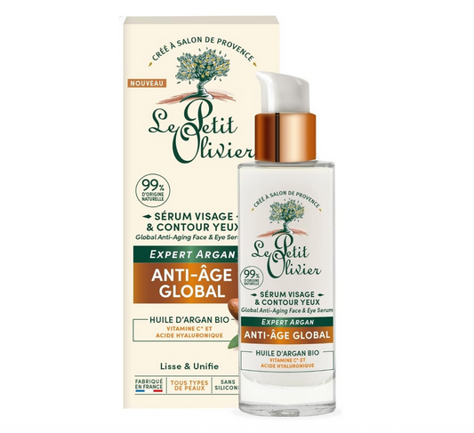 Le Petit Olivier global anti-aging face and eye serum with packaging on a white background