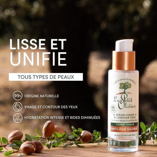 Le Petit Olivier Skincare serum bottle with argan nuts and leaves on a wooden surface, with text about skin types and benefits.