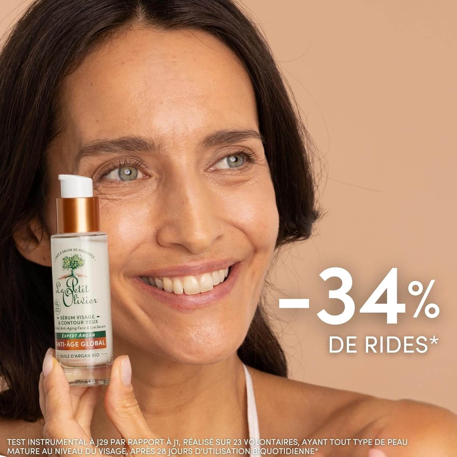 Woman holding Le Petit Olivier skincare bottle with text indicating 34% reduction in wrinkles.